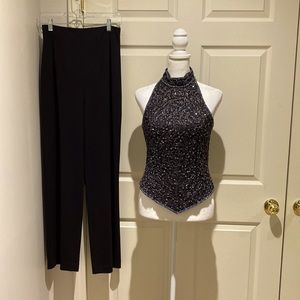 Sleeveless Lined 100% Silk Black Beaded Blouse with Black Zippered Pants